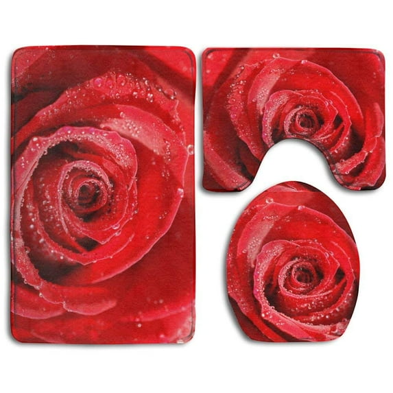 PUDMAD Red Roses 3 Piece Bathroom Rugs Set Bath Rug Contour Mat and Toilet Lid Cover