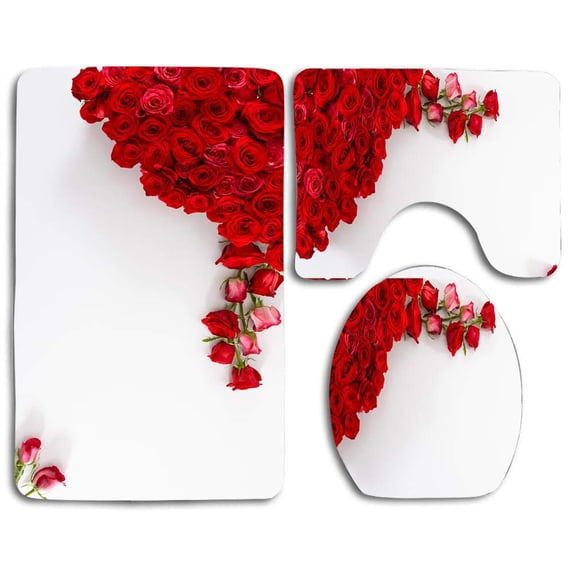 PUDMAD Red Roses on White Background 3 Piece Bathroom Rugs Set Bath Rug Contour Mat and Toilet Lid Cover
