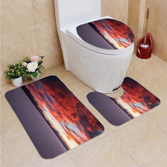PUDMAD Red Sky Clouds in Great Salt Lake Uyuni Bolivia 3 Piece Bathroom Rugs Set Bath Rug Contour Mat and Toilet Lid Cover