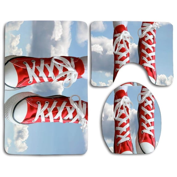 PUDMAD Red Sneakers 3 Piece Bathroom Rugs Set Bath Rug Contour Mat and Toilet Lid Cover