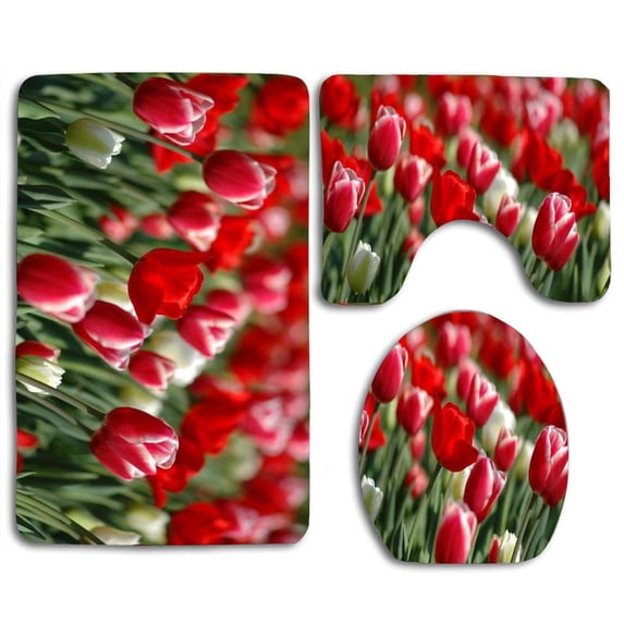 PUDMAD Red Tulips in Spring 3 Piece Bathroom Rugs Set Bath Rug Contour Mat and Toilet Lid Cover
