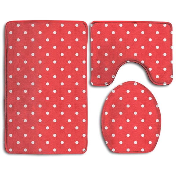 PUDMAD Red White Polka Dot 3 Piece Bathroom Rugs Set Bath Rug Contour Mat and Toilet Lid Cover