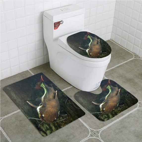 PUDMAD Redtail Catfish 3 Piece Bathroom Rugs Set Bath Rug Contour Mat and Toilet Lid Cover