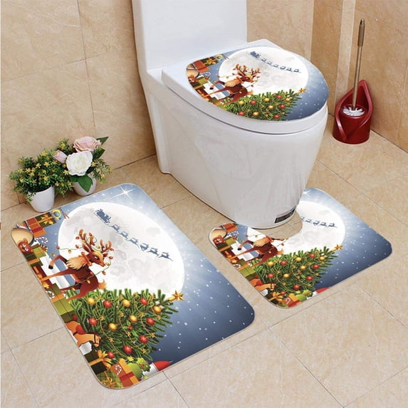 PUDMAD Reindeer 3 Piece Bathroom Rugs Set Bath Rug Contour Mat and Toilet Lid Cover