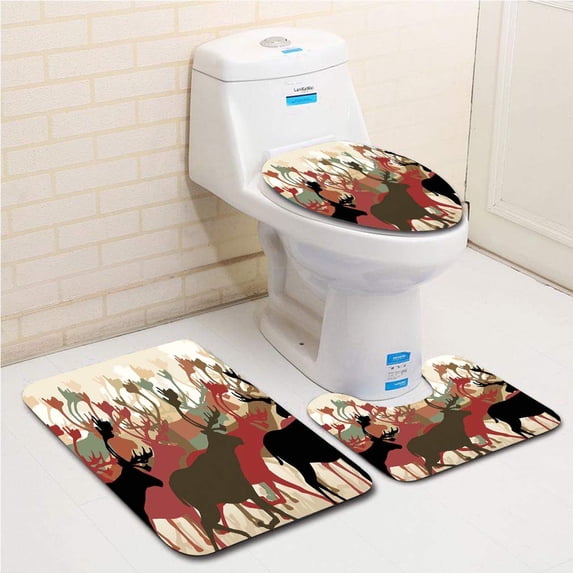 PUDMAD Reindeer Caribou Herd Migrating Colorful Silhouettes Wildlife Nature 3 Piece Bathroom Rugs Set Bath Rug Contour Mat and Toilet Lid Cover