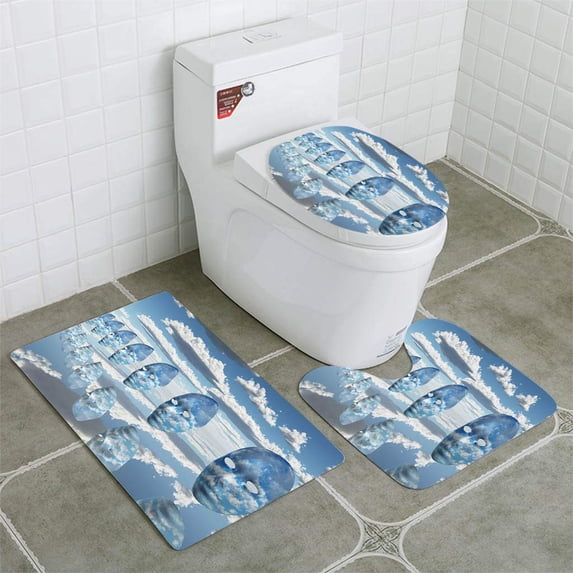 PUDMAD Repeating Faces Clouds 3 Piece Bathroom Rugs Set Bath Rug Contour Mat and Toilet Lid Cover