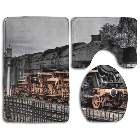 PUDMAD Retro Black Train 3 Piece Bathroom Rugs Set Bath Rug Contour Mat and Toilet Lid Cover
