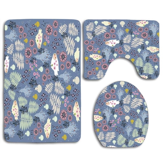 PUDMAD Retro Blue Flowers 3 Piece Bathroom Rugs Set Bath Rug Contour Mat and Toilet Lid Cover