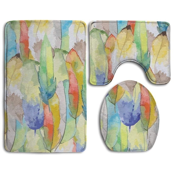 PUDMAD Retro Feather 3 Piece Bathroom Rugs Set Bath Rug Contour Mat and Toilet Lid Cover