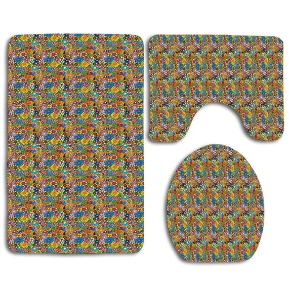 PUDMAD Retro Flowers 3 Piece Bathroom Rugs Set Bath Rug Contour Mat and Toilet Lid Cover