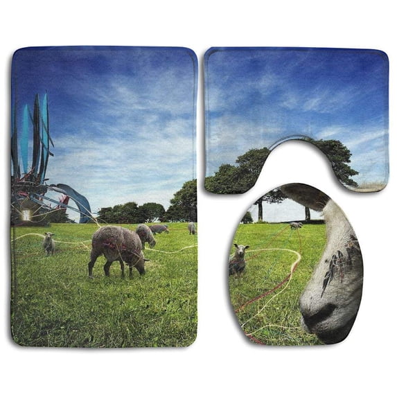 PUDMAD Retro Funny Weird Sheep 3 Piece Bathroom Rugs Set Bath Rug Contour Mat and Toilet Lid Cover