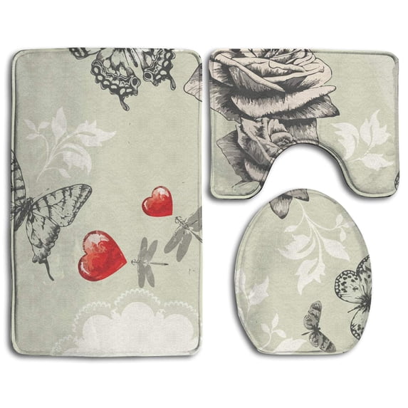 PUDMAD Retro Roses Butterflies Red Hearts 3 Piece Bathroom Rugs Set Bath Rug Contour Mat and Toilet Lid Cover