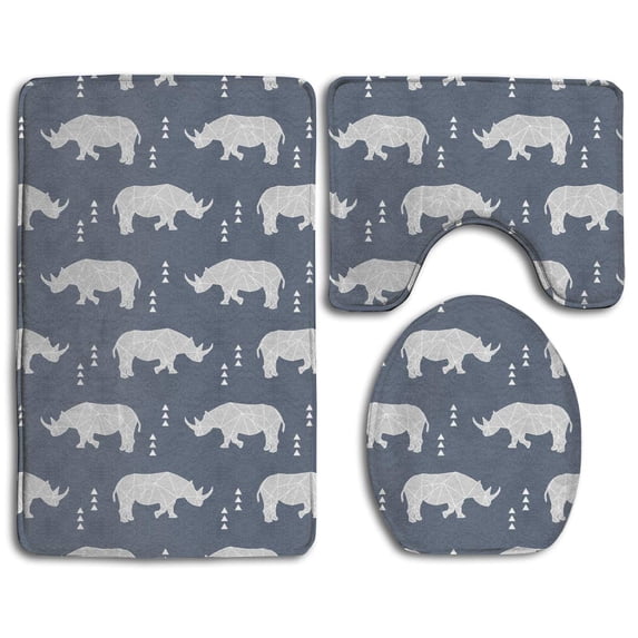 PUDMAD Rhino Geometric Dark Blue 3 Piece Bathroom Rugs Set Bath Rug Contour Mat and Toilet Lid Cover