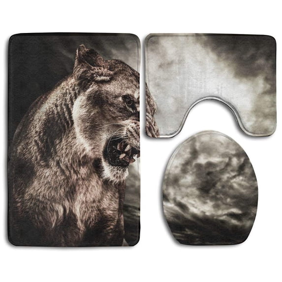 PUDMAD Roaring Lioness Against Stormy Sky 3 Piece Bathroom Rugs Set Bath Rug Contour Mat and Toilet Lid Cover