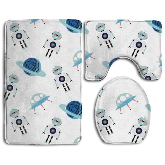 PUDMAD Robots Planets 3 Piece Bathroom Rugs Set Bath Rug Contour Mat and Toilet Lid Cover
