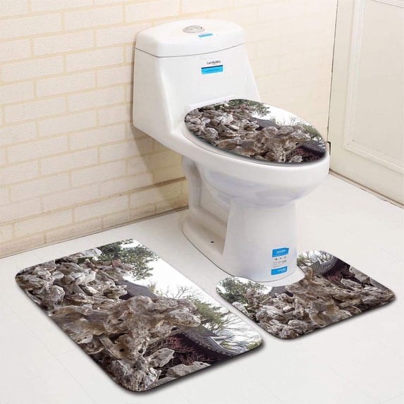 PUDMAD Rock 3 Piece Bathroom Rugs Set Bath Rug Contour Mat and Toilet Lid Cover
