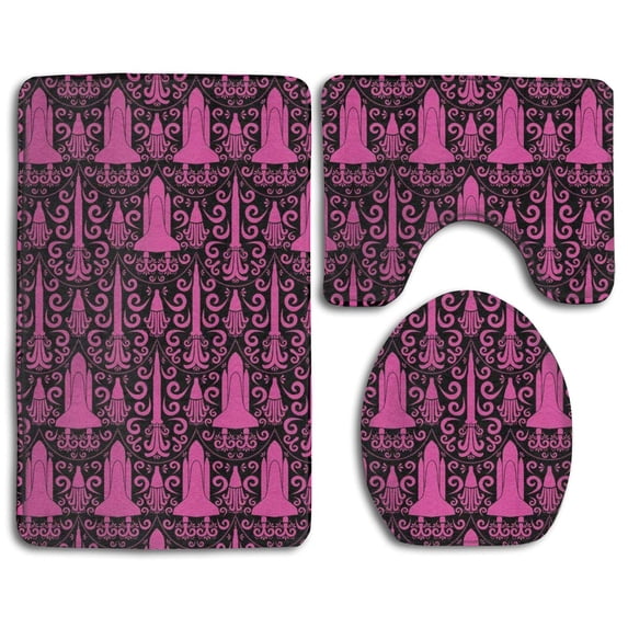 PUDMAD Rocket Science Black and Pink 3 Piece Bathroom Rugs Set Bath Rug Contour Mat and Toilet Lid Cover