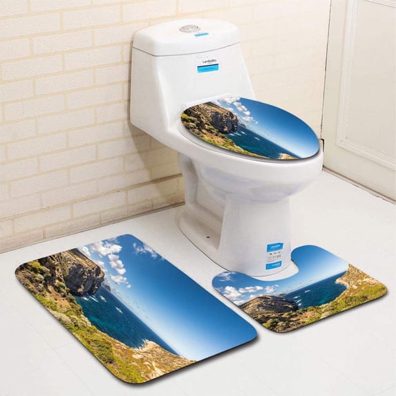 PUDMAD Rocky Coastline west Coast Corsica at Revellata Near Calvi 3 Piece Bathroom Rugs Set Bath Rug Contour Mat and Toilet Lid Cover