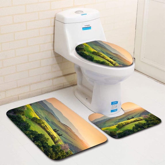 PUDMAD Rolling Tuscany Landscape 3 Piece Bathroom Rugs Set Bath Rug Contour Mat and Toilet Lid Cover