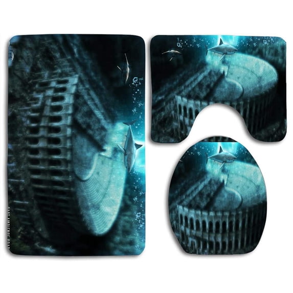 PUDMAD Roman Amphitheatre 3 Piece Bathroom Rugs Set Bath Rug Contour Mat and Toilet Lid Cover