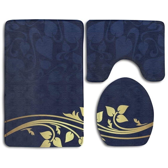 PUDMAD Romantic Royal Leaf Golden Floral Branch 3 Piece Bathroom Rugs Set Bath Rug Contour Mat and Toilet Lid Cover