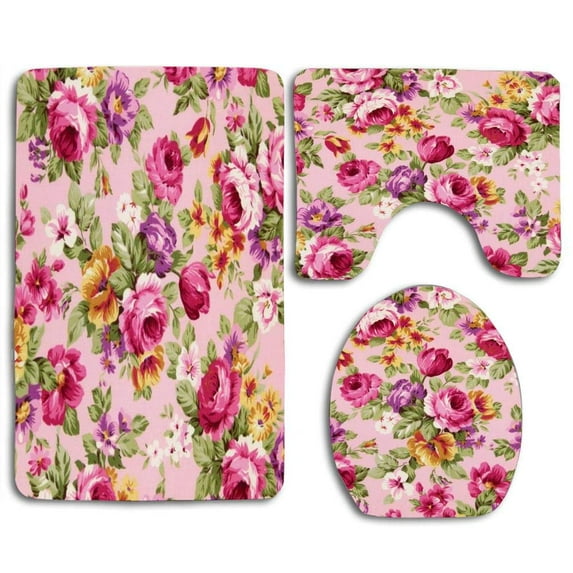 PUDMAD Romantic Vintage Pink Rose 3 Piece Bathroom Rugs Set Bath Rug Contour Mat and Toilet Lid Cover