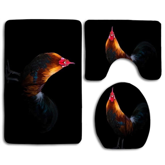 PUDMAD Rooster on Black1 3 Piece Bathroom Rugs Set Bath Rug Contour Mat and Toilet Lid Cover