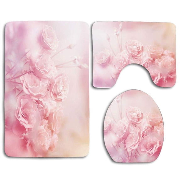 PUDMAD Rose Dreamlike Spring Nature Theme Blurry View Feminine Bouquets Gardening Bedding Plants 3 Piece Bathroom Rugs Set Bath Rug Contour Mat and Toilet Lid Cover