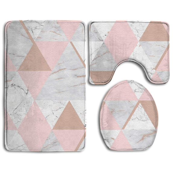 PUDMAD Rose Gold Grey Marble 3 Piece Bathroom Rugs Set Bath Rug Contour Mat and Toilet Lid Cover