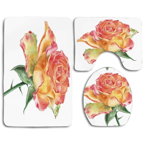PUDMAD Rose Hand Drawn Rose in Watercolors Lively Petals Botanical Floral Inspiration 3 Piece Bathroom Rugs Set Bath Rug Contour Mat and Toilet Lid Cover