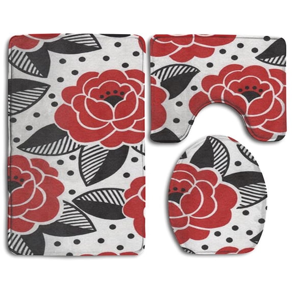 PUDMAD Rose Petal 3 Piece Bathroom Rugs Set Bath Rug Contour Mat and Toilet Lid Cover