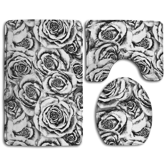 PUDMAD Rose Platinum Roses 3 Piece Bathroom Rugs Set Bath Rug Contour Mat and Toilet Lid Cover