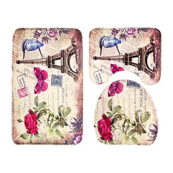 PUDMAD Rose Tower 3 Piece Bathroom Rugs Set Bath Rug Contour Mat and Toilet Lid Cover