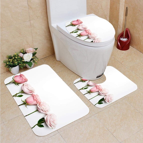 PUDMAD Roses 3 Piece Bathroom Rugs Set Bath Rug Contour Mat and Toilet Lid Cover