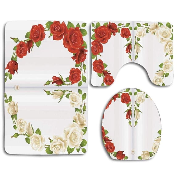PUDMAD Roses in Shape Heart Bouquet Romance Celebration Theme Digital Prints 3 Piece Bathroom Rugs Set Bath Rug Contour Mat and Toilet Lid Cover