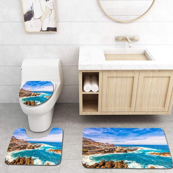 PUDMAD Rough sea and Natural Volcanic Pools at Porto Moniz Madeira 3 Piece Bathroom Rugs Set Bath Rug Contour Mat and Toilet Lid Cover