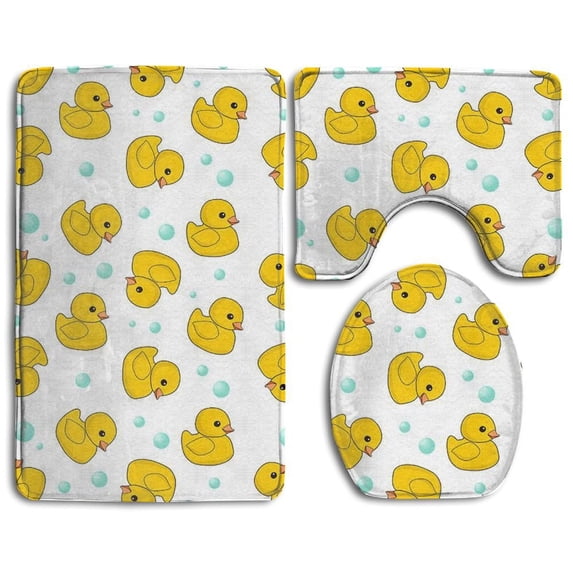 PUDMAD Rubber Duck 3 Piece Bathroom Rugs Set Bath Rug Contour Mat and Toilet Lid Cover