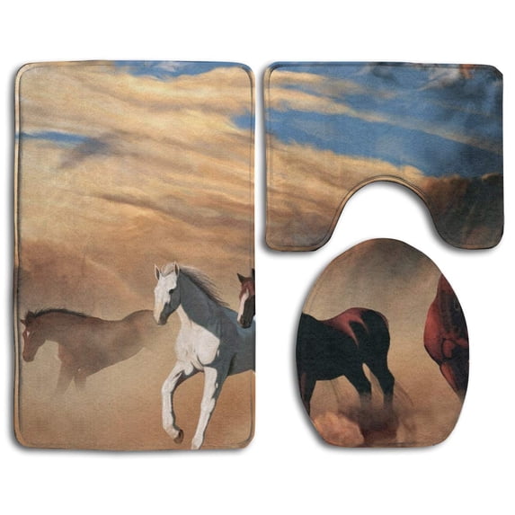 PUDMAD Running Horses Digital Art 3 Piece Bathroom Rugs Set Bath Rug Contour Mat and Toilet Lid Cover
