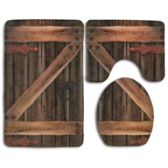 PUDMAD Rustic Country Barn Wood Door Set 3 Piece Bathroom Rugs Set Bath Rug Contour Mat and Toilet Lid Cover