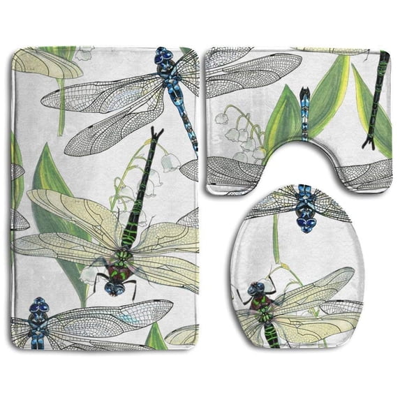 PUDMAD Rustic Dragonflies Flower 3 Piece Bathroom Rugs Set Bath Rug Contour Mat and Toilet Lid Cover