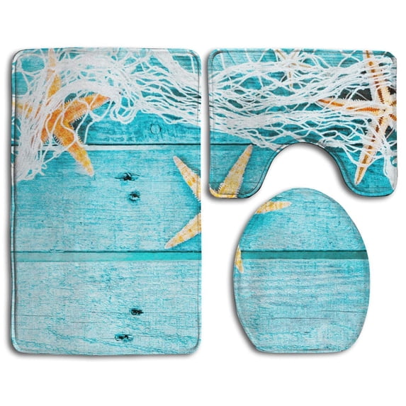 PUDMAD Rustic Wood Boards Fishing Net Ocean 3 Piece Bathroom Rugs Set Bath Rug Contour Mat and Toilet Lid Cover