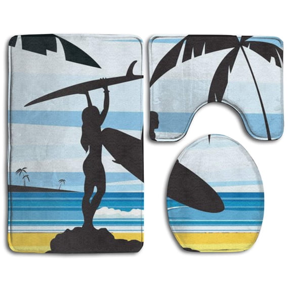 PUDMAD SURF Girls 3 Piece Bathroom Rugs Set Bath Rug Contour Mat and Toilet Lid Cover