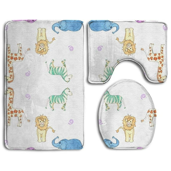 PUDMAD Safari Zoo 3 Piece Bathroom Rugs Set Bath Rug Contour Mat and Toilet Lid Cover
