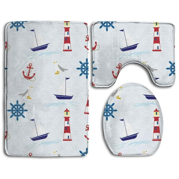 PUDMAD Sailboat Anchor Lighthouse Nautical Seagulls 3 Piece Bathroom Rugs Set Bath Rug Contour Mat and Toilet Lid Cover