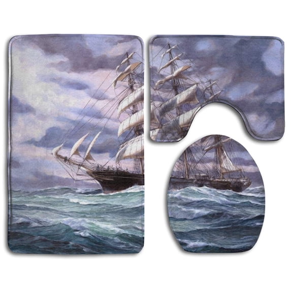 PUDMAD Sailing 3 Piece Bathroom Rugs Set Bath Rug Contour Mat and Toilet Lid Cover