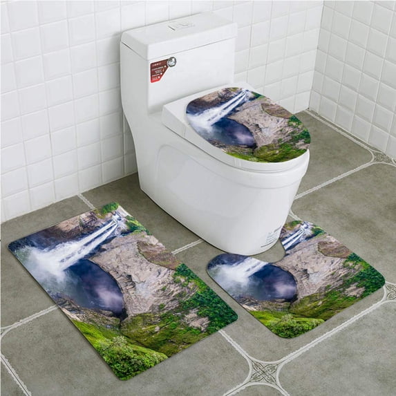PUDMAD San Rafael Waterfalls in Lush Rainforest Ecuadorian Amazon 3 Piece Bathroom Rugs Set Bath Rug Contour Mat and Toilet Lid Cover