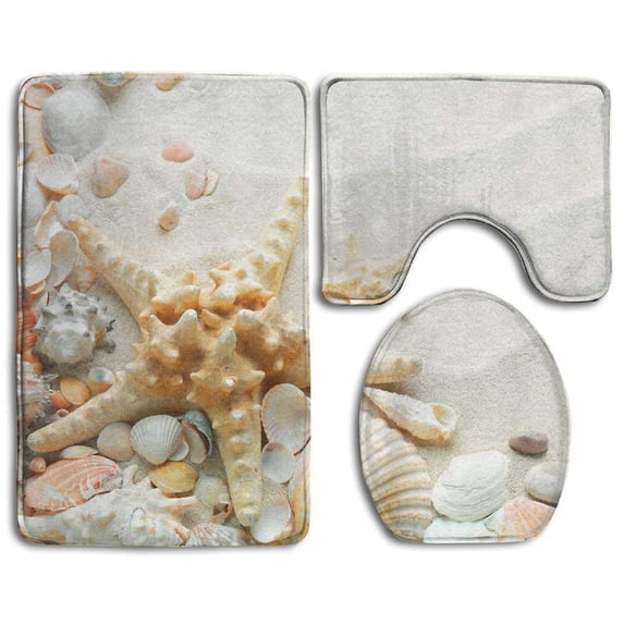 PUDMAD Sand Seashells Starfish 3 Piece Bathroom Rugs Set Bath Rug Contour Mat and Toilet Lid Cover