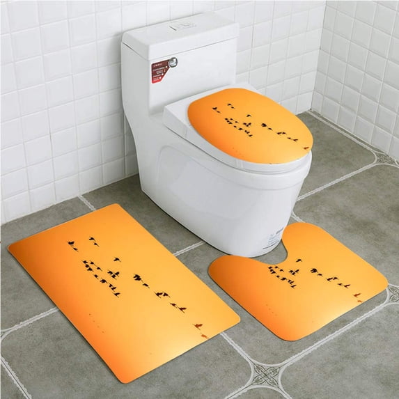 PUDMAD Sandhill Cranes Flying on Sunrise California USA 3 Piece Bathroom Rugs Set Bath Rug Contour Mat and Toilet Lid Cover