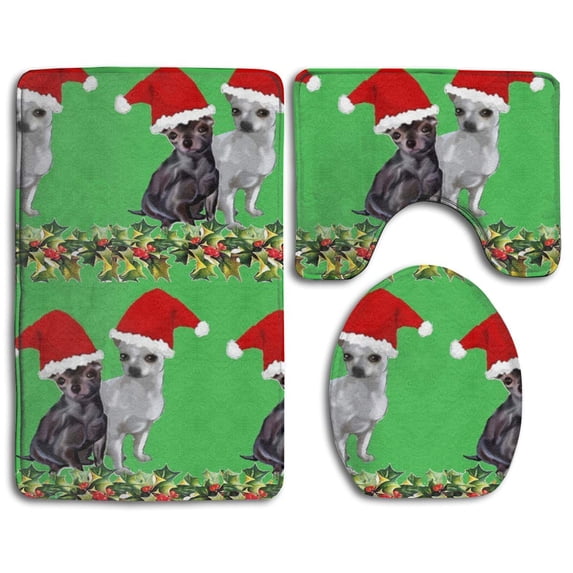 PUDMAD Santa Chihuahua Christmas 3 Piece Bathroom Rugs Set Bath Rug Contour Mat and Toilet Lid Cover