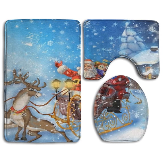 PUDMAD Santa Claus 3 Piece Bathroom Rugs Set Bath Rug Contour Mat and Toilet Lid Cover